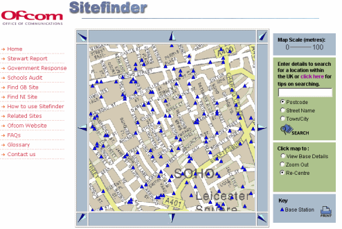 Sitefinder map of base station locations in the soho area